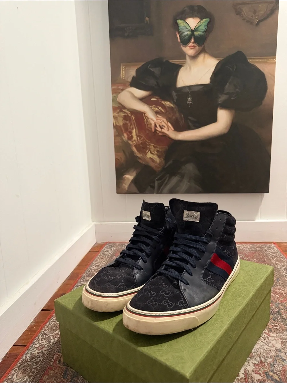 Men's ✨GUCCI ✨Navy High-Top Sneakers with Red & Blue Stripe  MADE IN 🇮🇹 ITALY